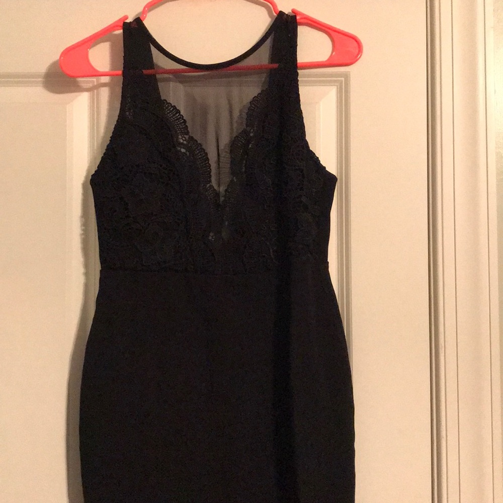 Black cocktail dress with mesh and lace